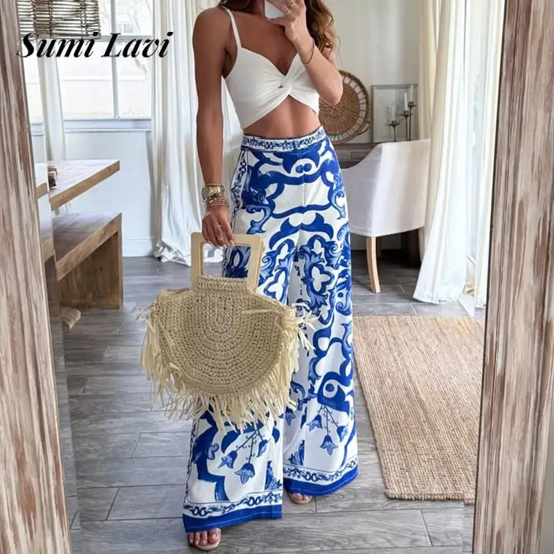 Elegant Celadon Printed Wide Leg Pants