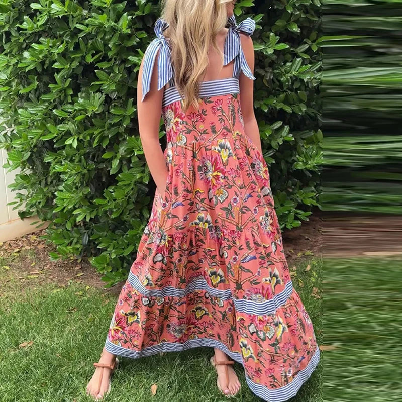 Elegant Floral Stripes Patchwork Dress Women