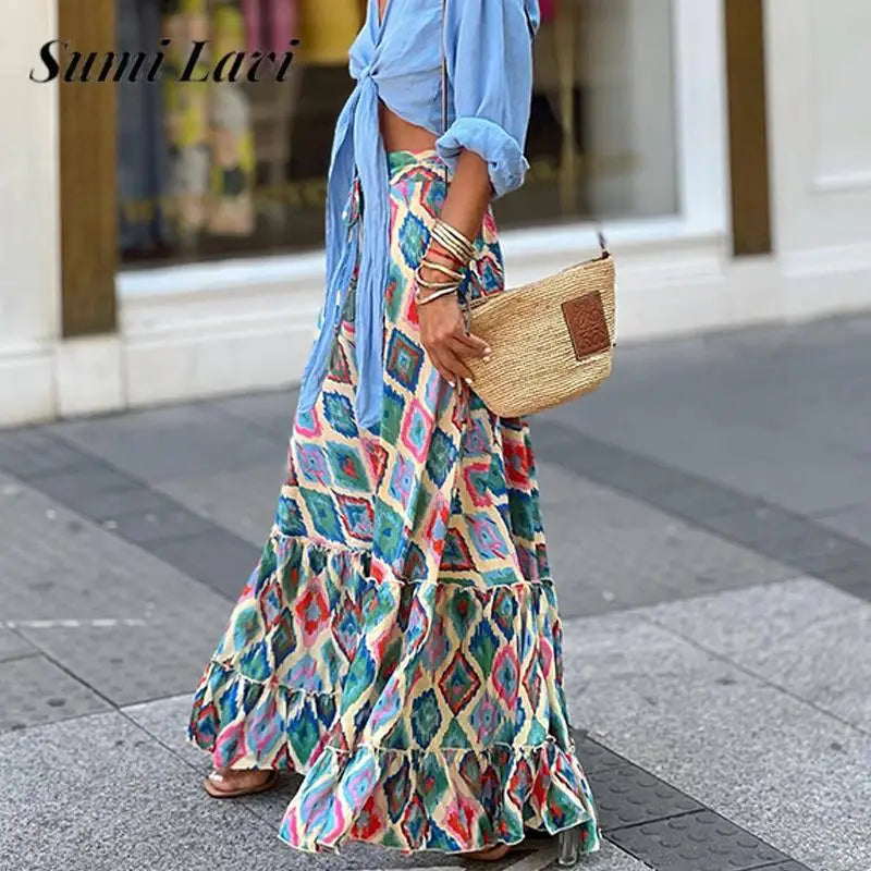 Vintage Pattern Print High Waist Loose Skirt Women's