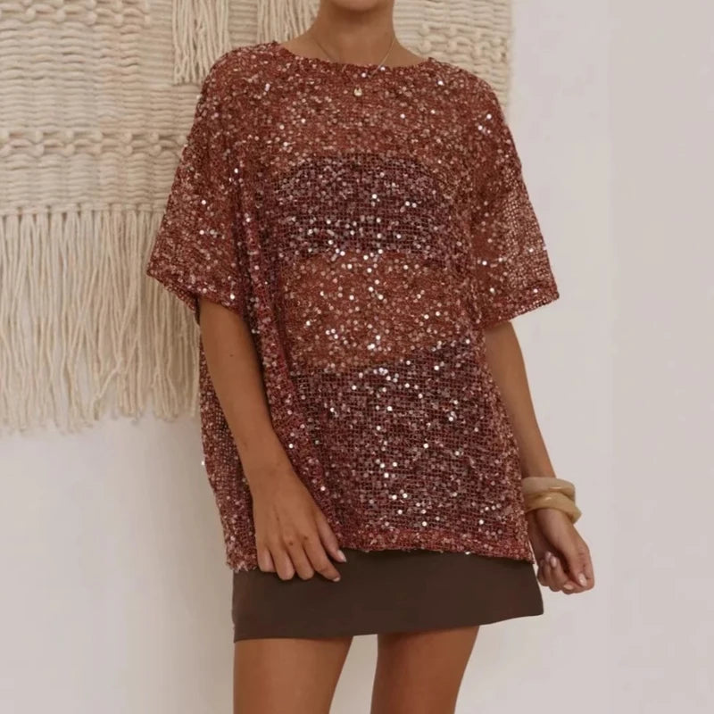 O-neck Short Sleeve Mesh Blouse