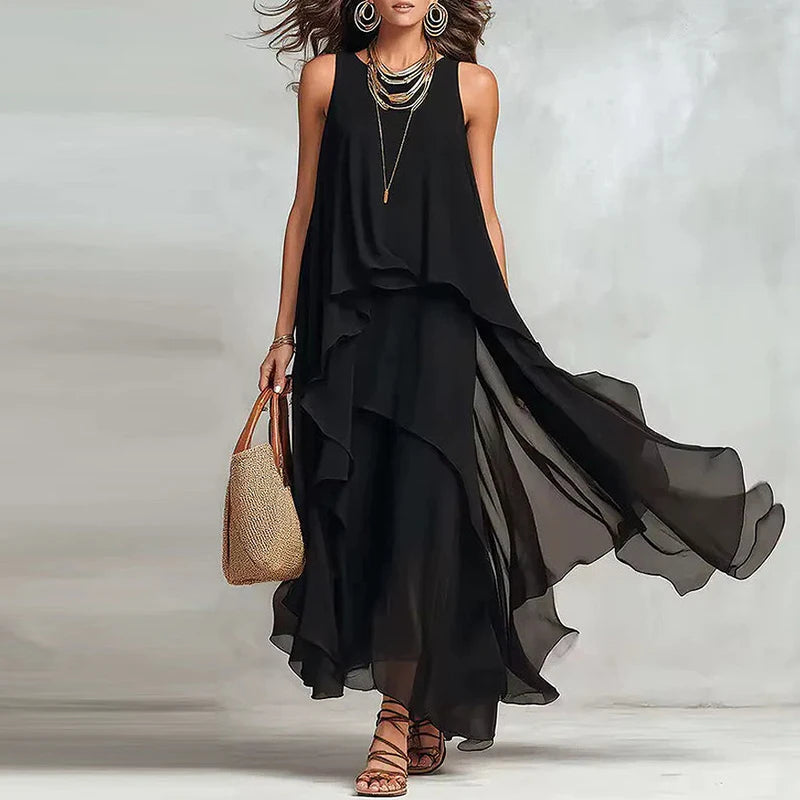 Irregular Chiffon Dress with Ruffle Layers