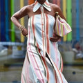 Lapel Collar Button Long Dress