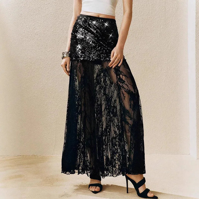 Sequined Sheer Party Skirt Summer Lace Draped