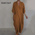 Loose Long Dress Women's Elegant V-Neck Pocket