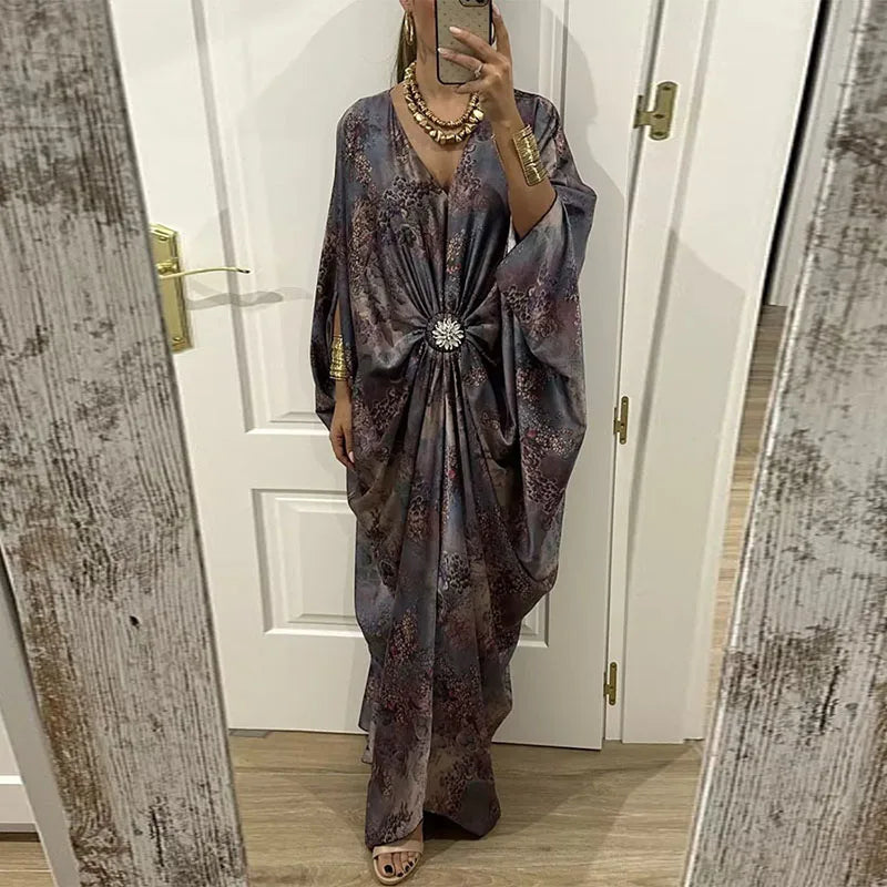Draped Maxi Dress Elegant Pattern Printed Slim