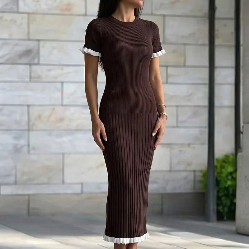 Ribbed Long Dress with Ruffled Edge