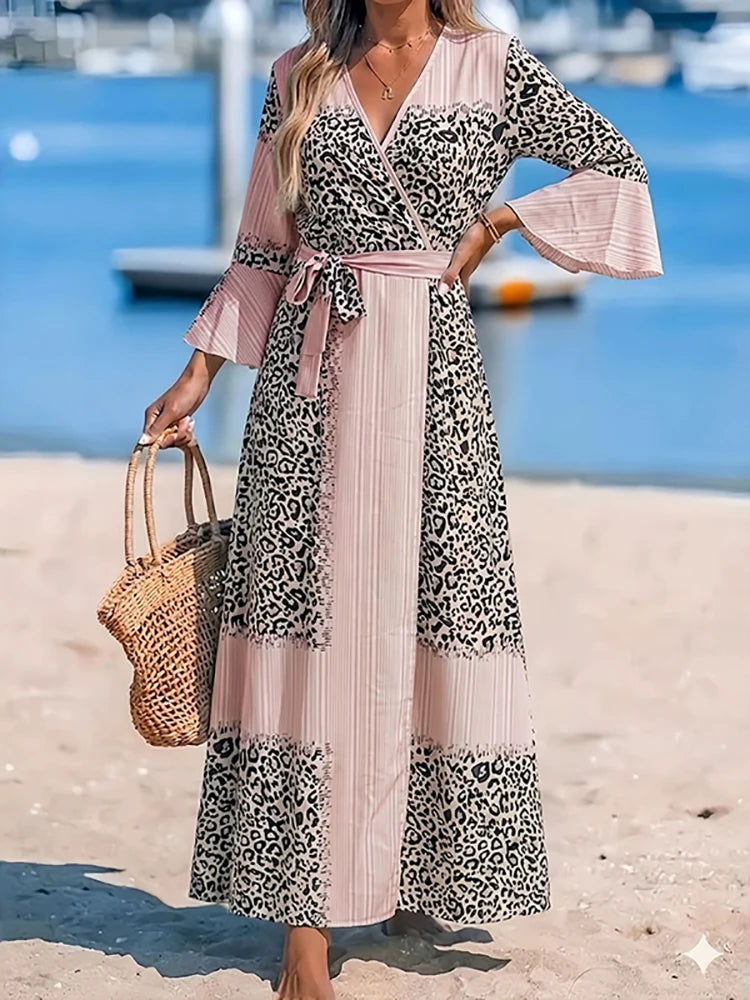Leopard Print Maxi Dress Lace-Up Waist