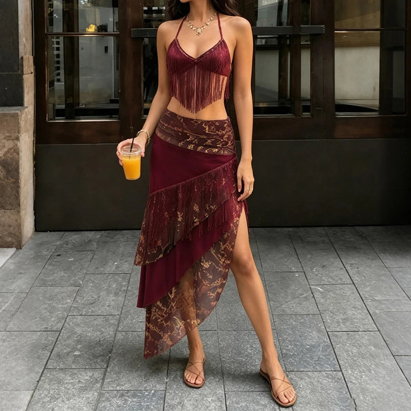 Halter Camis Top & Asymmetrical Skirt Set