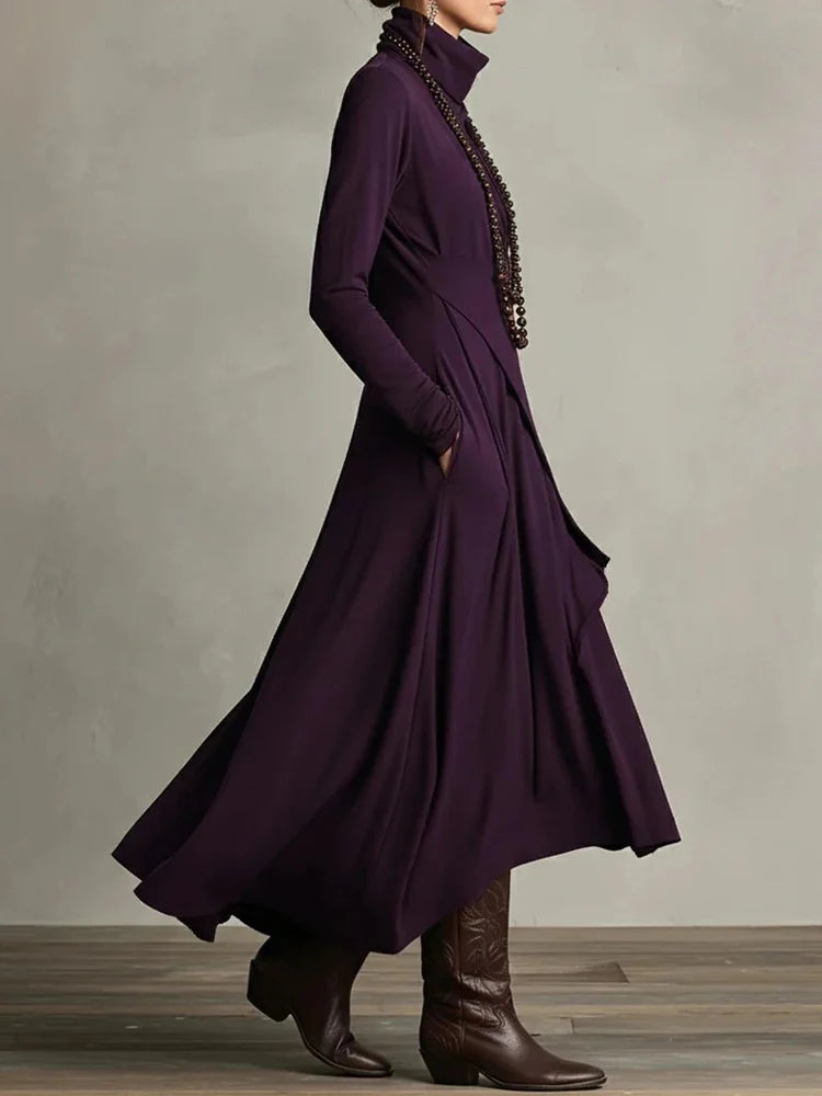 Casual Pocket Long Sleeve Solid Long Dress