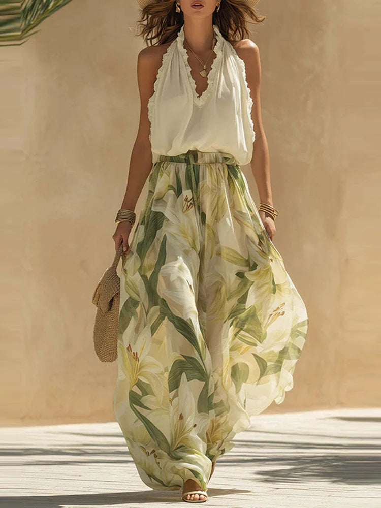 V-neck Sleeveless Top & Print Pant Set