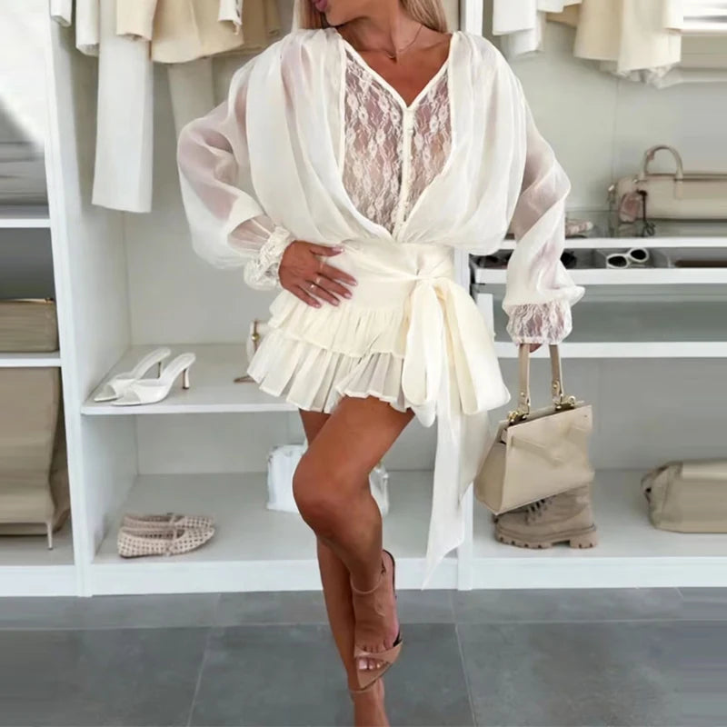 V-neck Long Sleeve Chiffon Dress