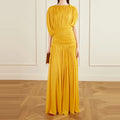 Draped Design Long Dress O-neck Short Sleeve Solid