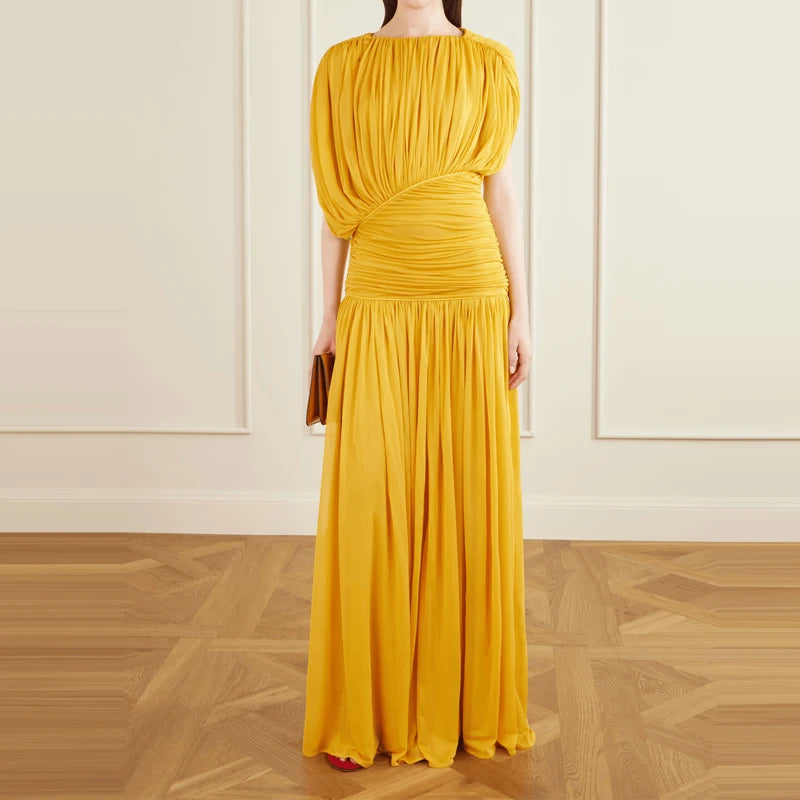 Draped Design Long Dress O-neck Short Sleeve Solid