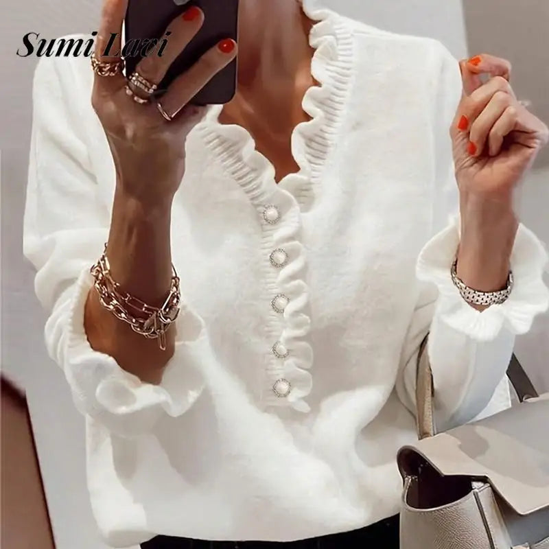Sexy V-neck Contrasting Ruffle Sweater