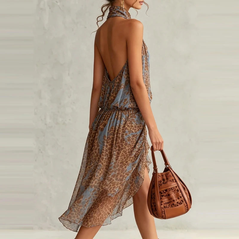 Chiffon Mini Dress Stand Collar Vintage Print