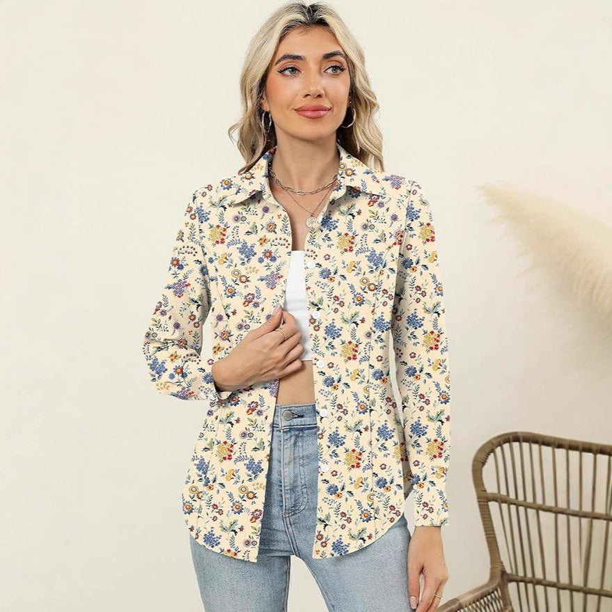 Chic Women's Long-Sleeve Blouse With A Notched Collar And A Fashionable Print