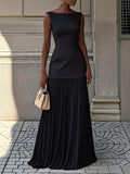 Boat Neck Sleeveless Knit Top & High-Waisted Pleated Skirt Two-Piece Set