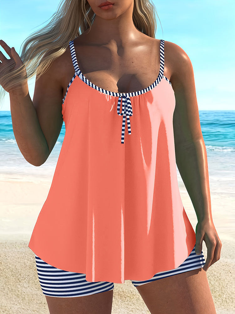 European And American-Style Color-Blocked Lace-Up Two-Piece Split Swimsuit