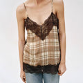 Fashionable V-Neck Plaid Lace Camisole