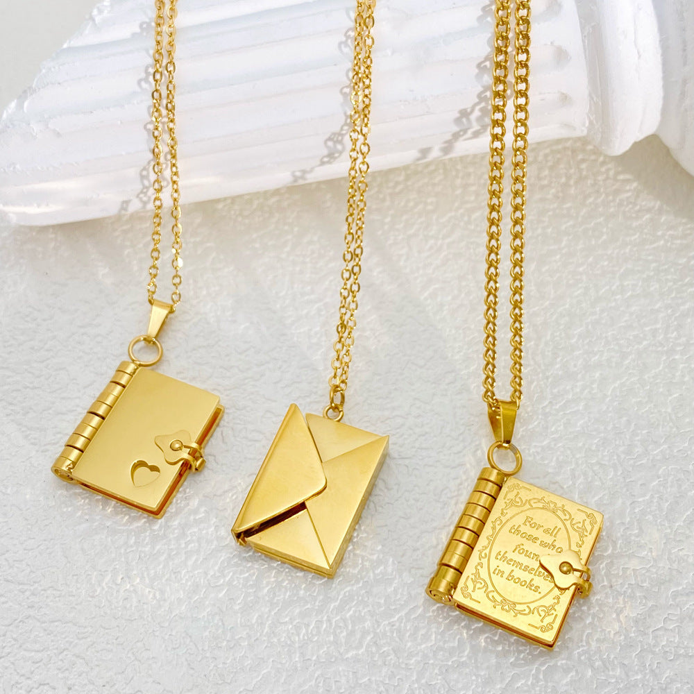 European And American 18K Gold Plated Stainless Steel Openable Book Pendant Necklace