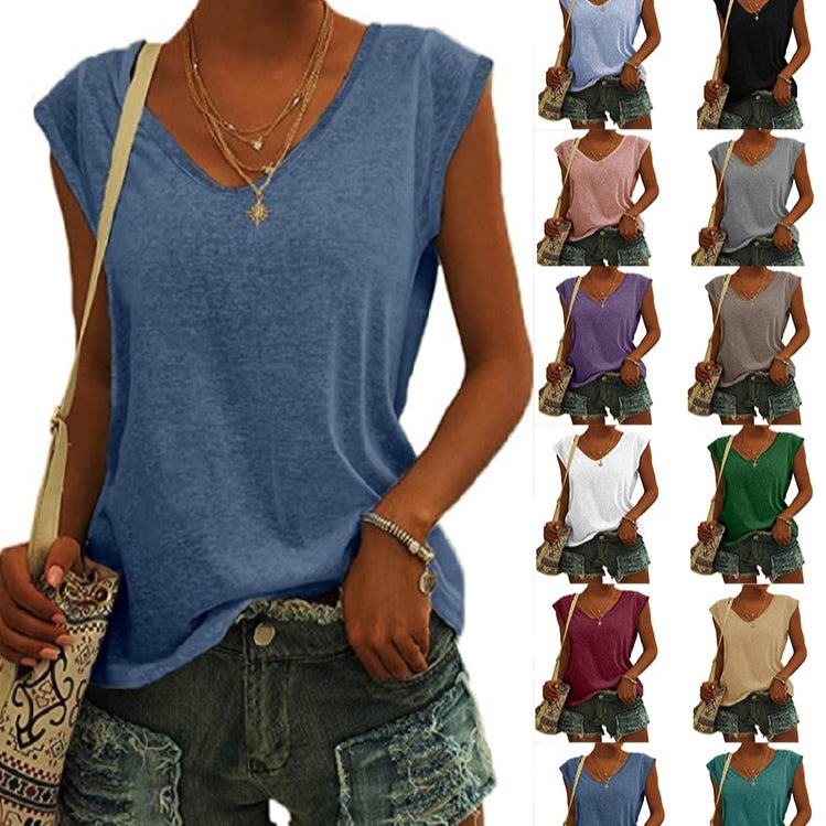 Women's Solid Color V-Neck Cap Sleeve Loose T-Shirt