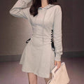 Fitted-Waist Belted Long-Sleeved Hooded Sweatshirt Dress For Women In A Laid-Back Style