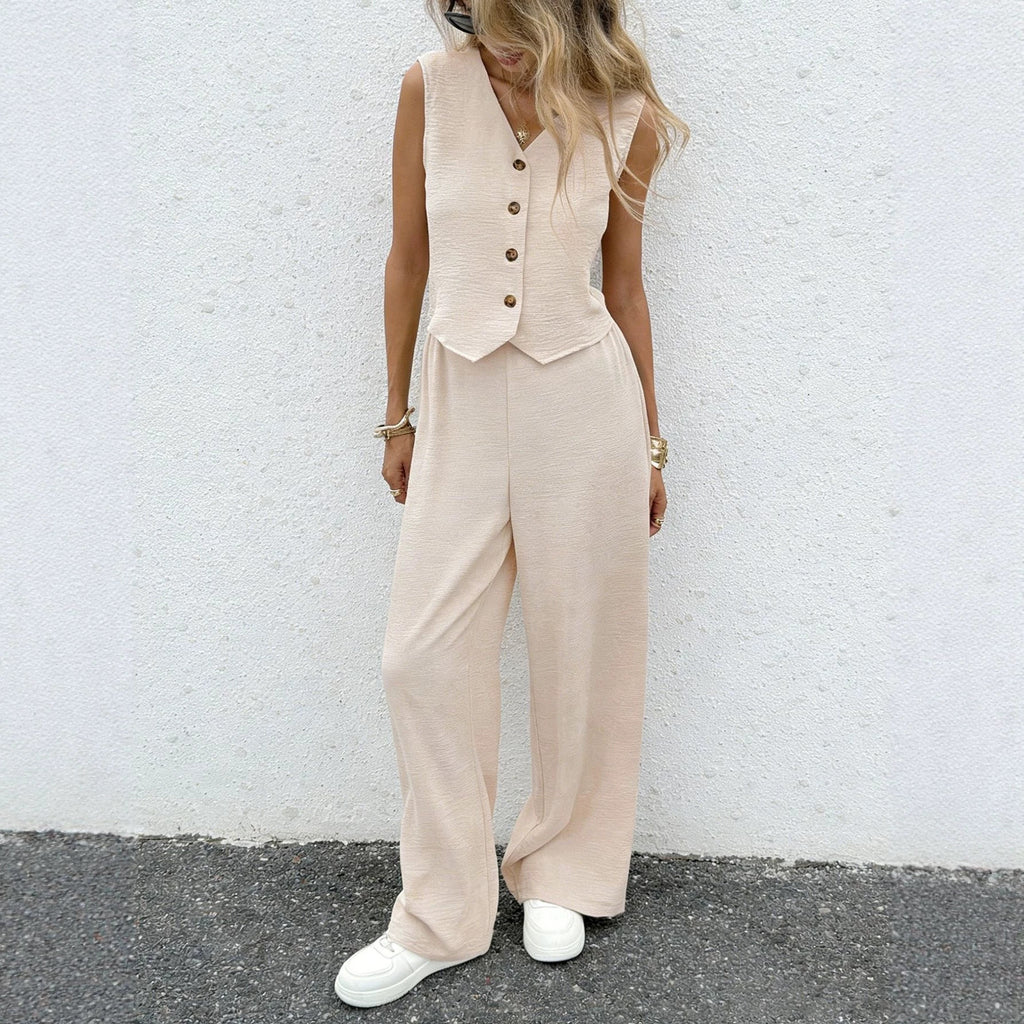 Women's Casual Front-Button Vest And Trousers Set