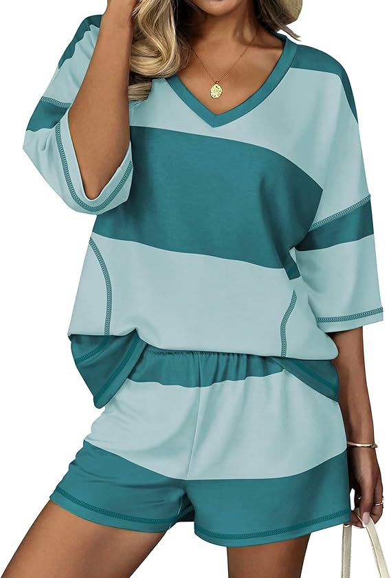 Color Block Striped V-Neck Top & Elastic Waist Shorts Two Piece Outfit