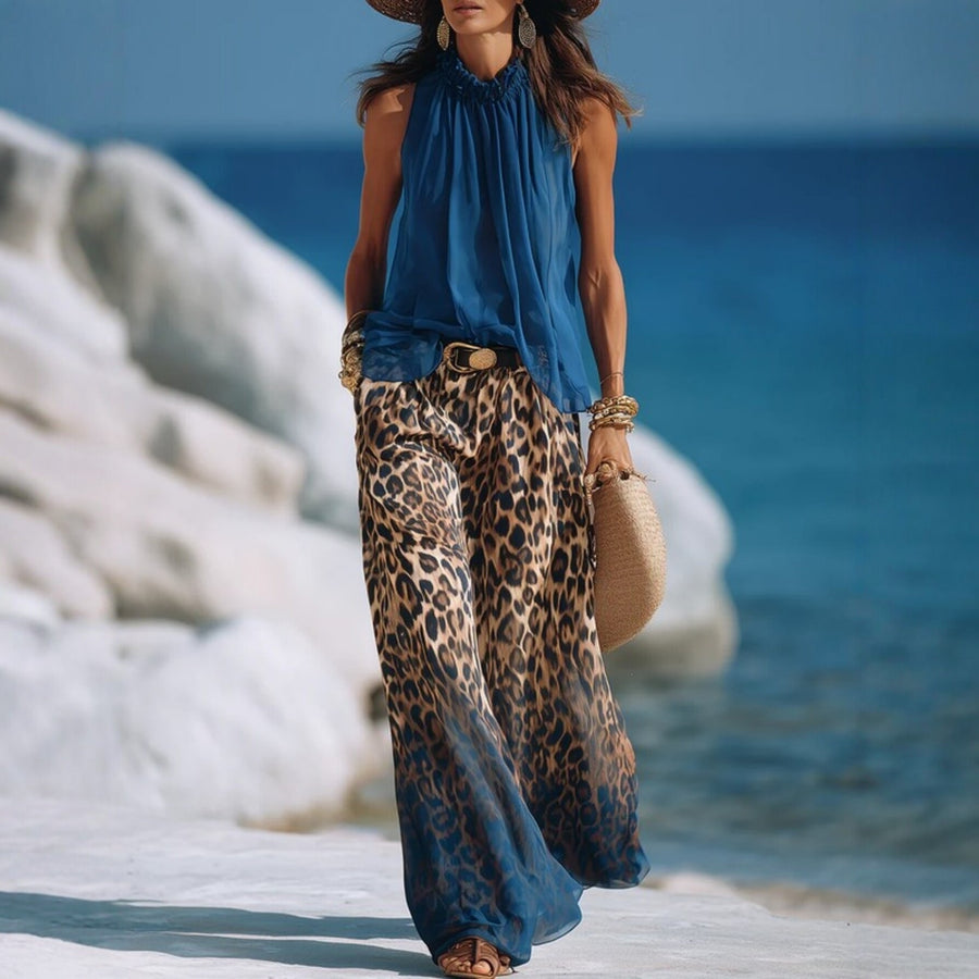 Halter-Neck Sleeveless Chiffon Top And Leopard-Print Gradient Wide-Leg Pants Set