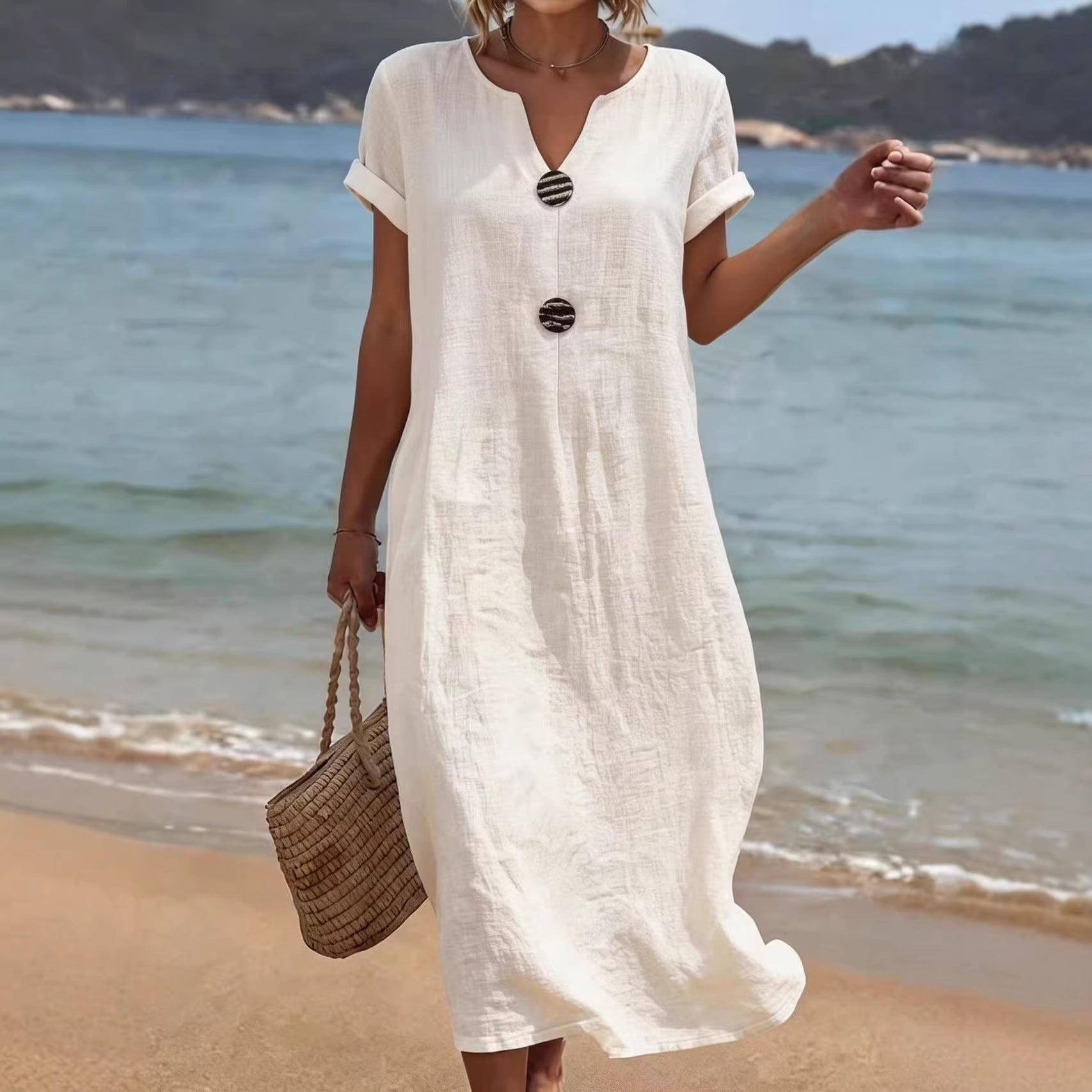 Women's Casual Solid-Color Cotton-Linen Dress