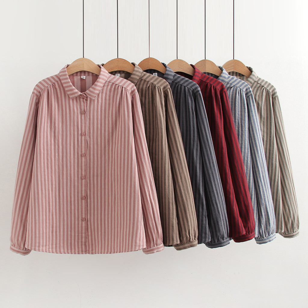 Korean-Style Striped Cotton-Linen Single-Breasted Long-Sleeve Shirt For Women