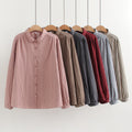 Korean-Style Striped Cotton-Linen Single-Breasted Long-Sleeve Shirt For Women