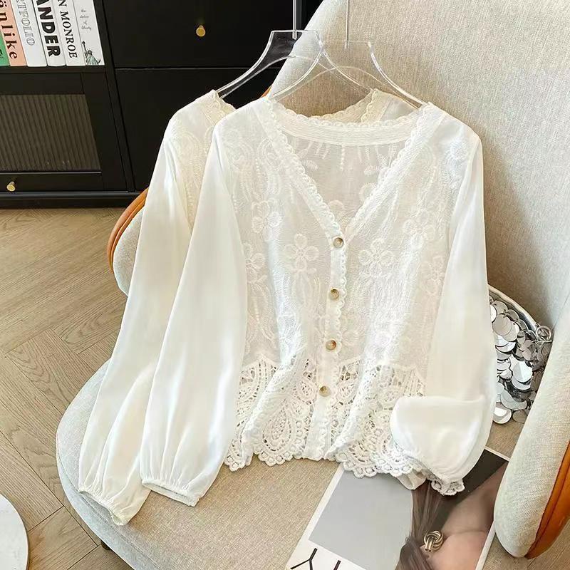 French-Style Chic Crocheted Lace Hollow-Out Puff-Sleeve Chiffon Blouse