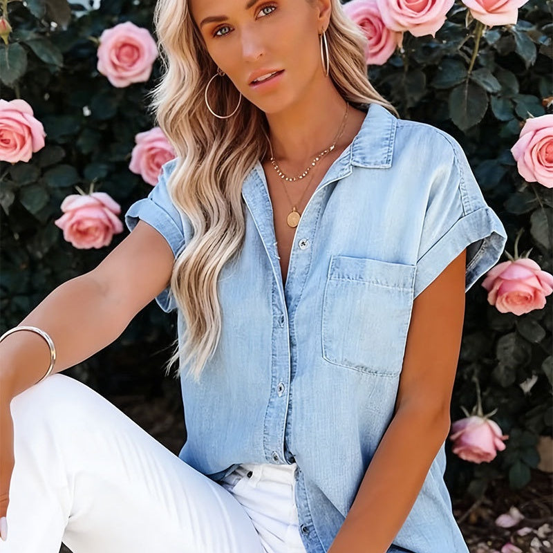 Blue Lapel Casual Short-Sleeve Washed Denim Shirt