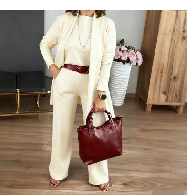 Solid-Color Crew-Neck Long-Sleeve Top And Comfy Belted Pants Set 3-Piece Women's Outfit