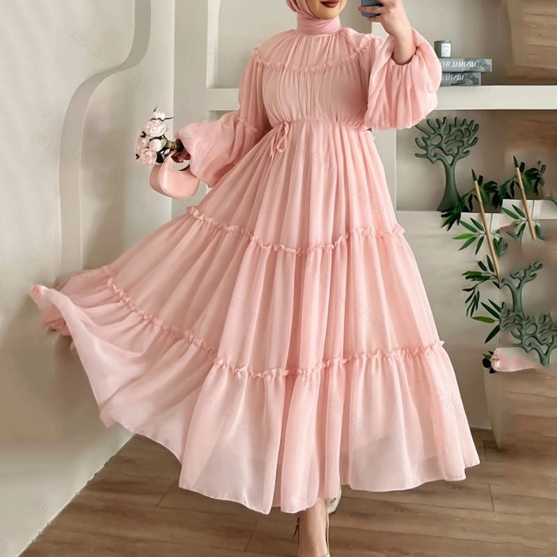 Fashionable Solid Color Soft Lace Detail Belt Long Chic And Elegant Dress
