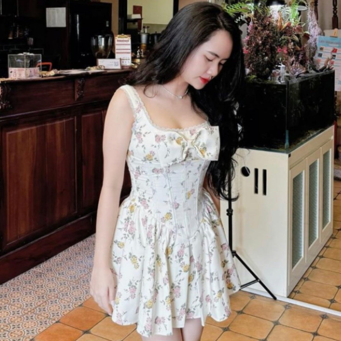 Bow-Tie Floral Lace-Trimmed Camisole Slip Dress