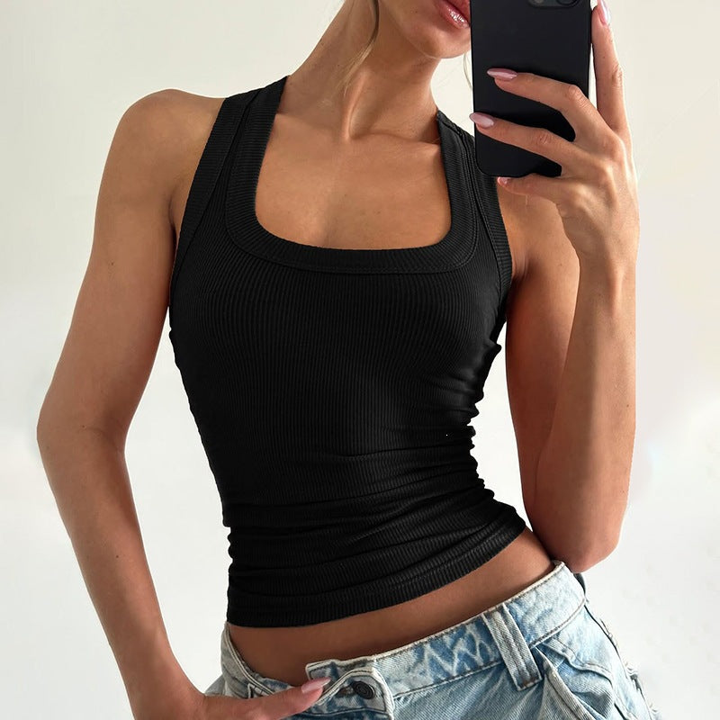 U-Neck Solid-Color Slim-Fit Racerback Cropped Tank Top