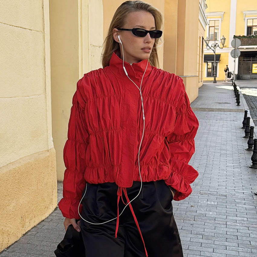 Design-Focused Pleated Stand-Collar Coat Fashionable Red Women's Top