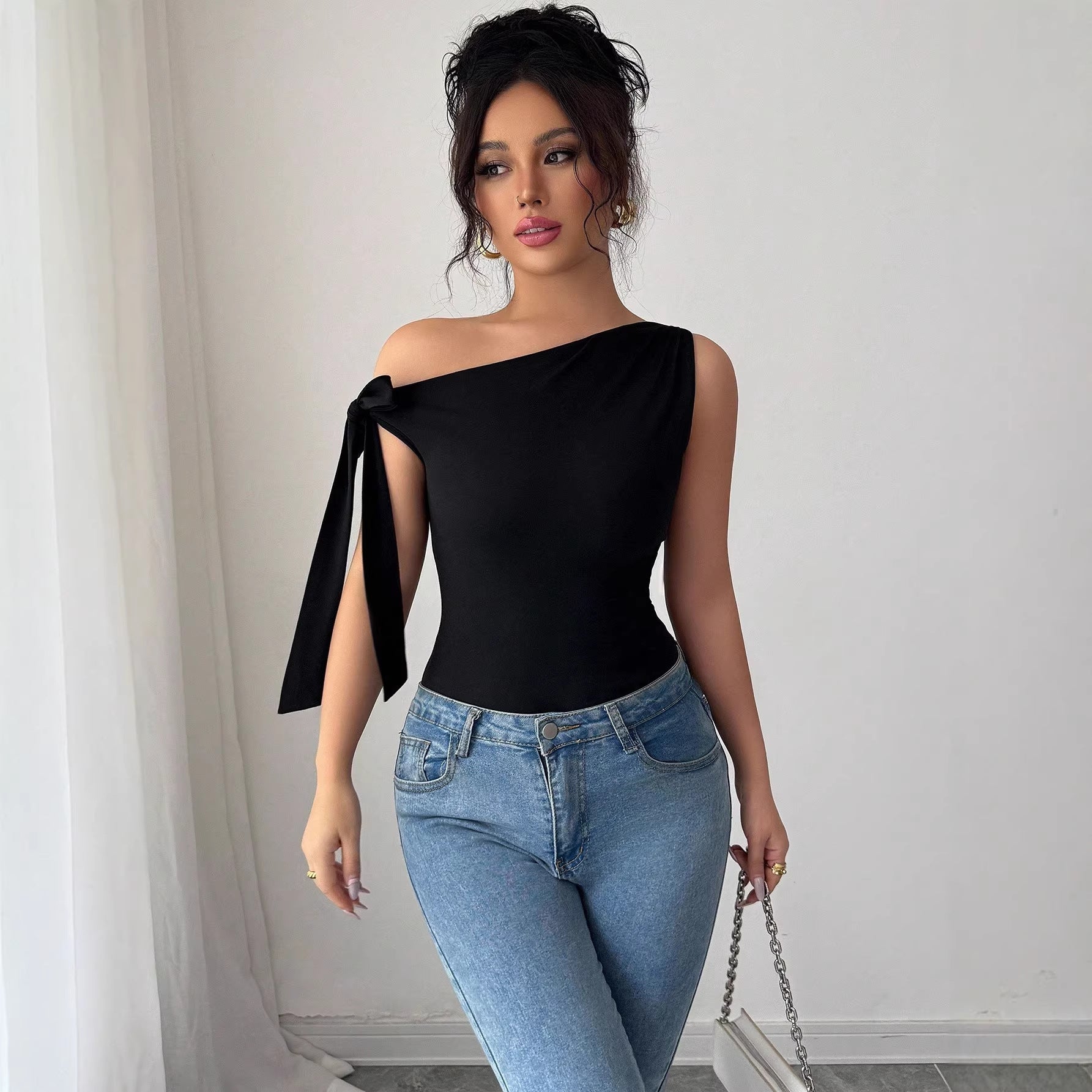 Women's Elegant Solid-Color Off-Shoulder Twist-Tie Top