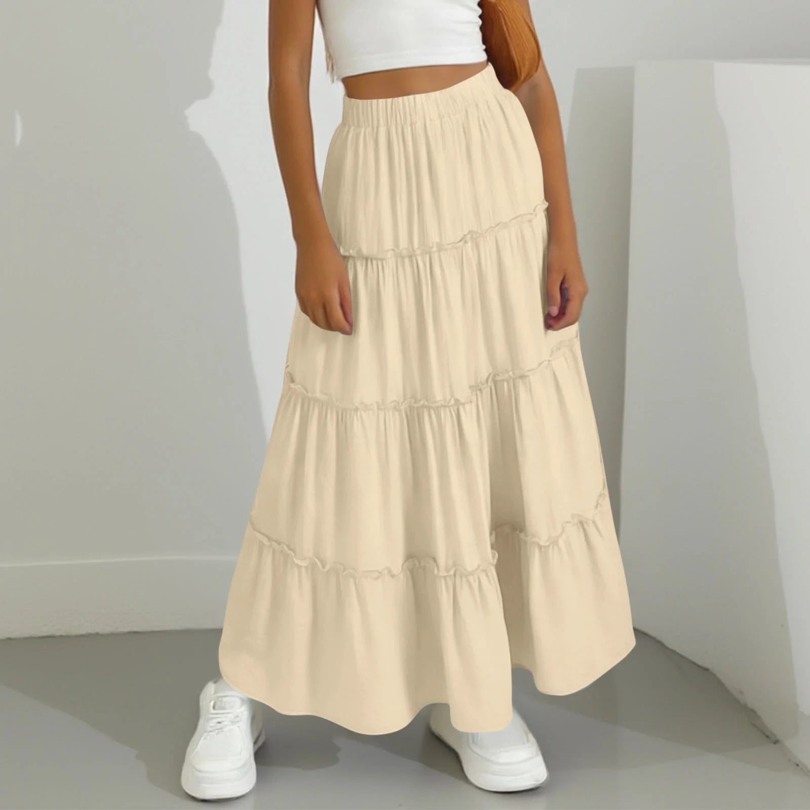 Ruffled Long A-Line Double-Layered Lined Beach Skirt