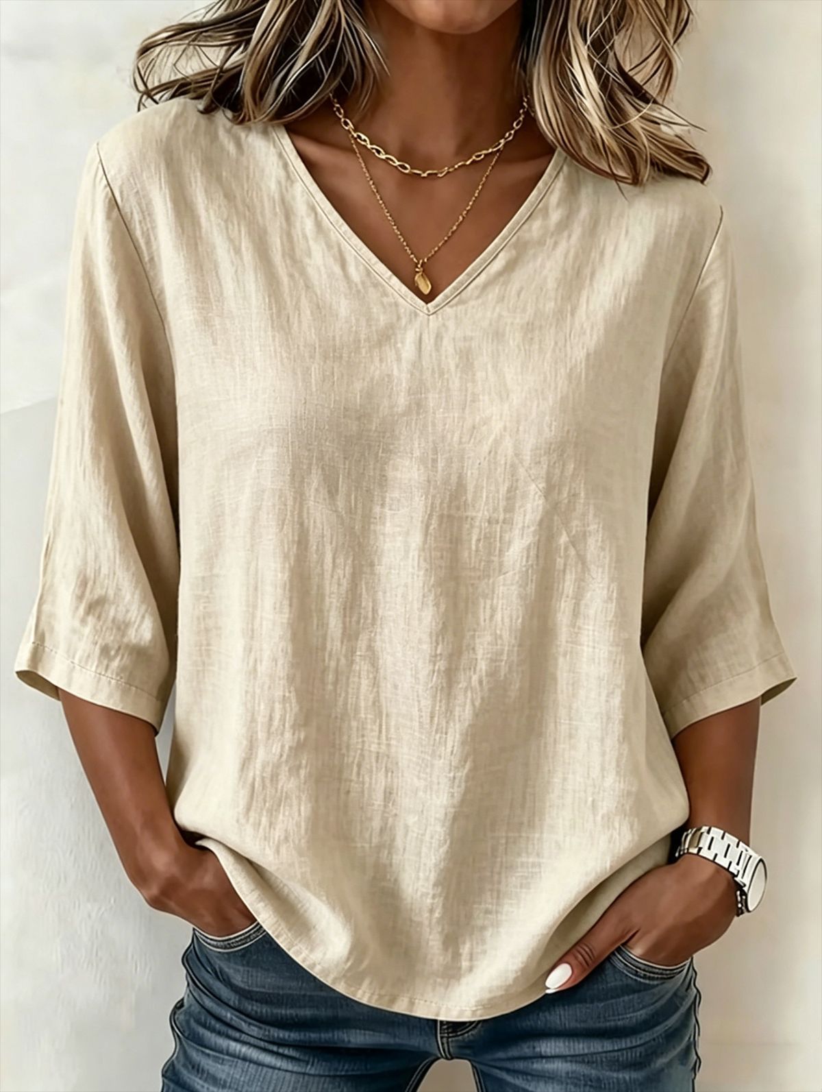 Women's Solid-Color Casual Loose-Fitting Fashionable V-Neck Top