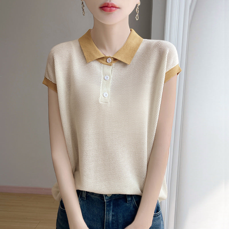 Color-Block Polo-Neck Short-Sleeve Women's Lyocell Knitted T-Shirt