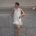 Solid-Color Crew-Neck Short Dress With Feather Detailing For A Luxe Look