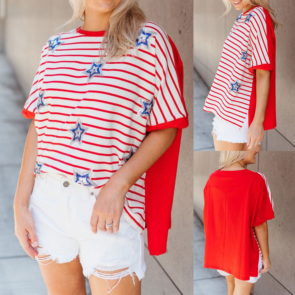 Sequin Star-Striped Short-Sleeve Top Loose-Fit T-Shirt