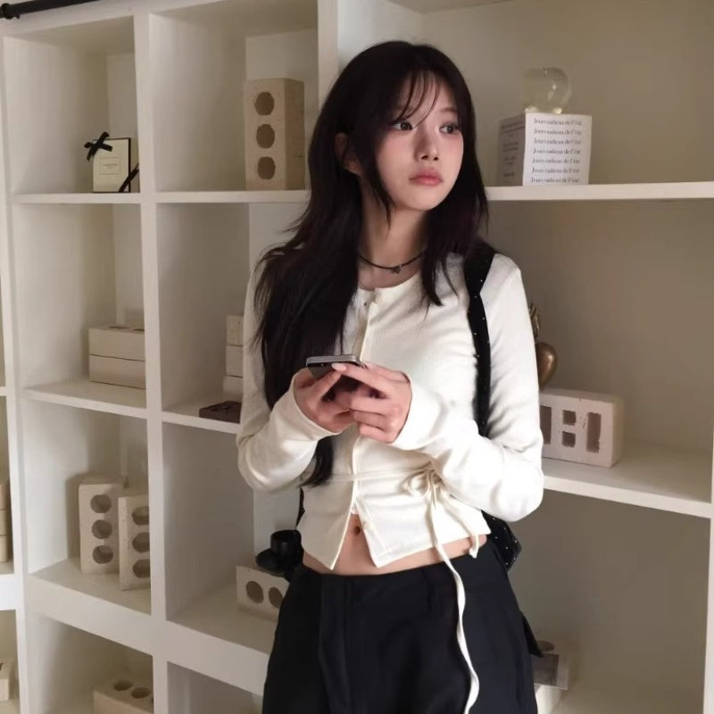 Slim Cream Girl Strap Cardigan T-Shirt