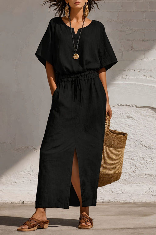 Boho Batwing Sleeve V-Neck Top & Split Wide Leg Maxi Skirt Two Piece Set