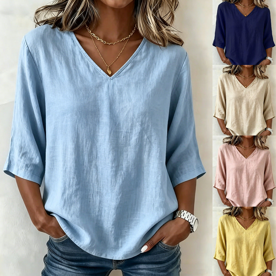 Women's Solid-Color Casual Loose-Fitting Fashionable V-Neck Top