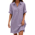 Cotton-Linen Solid-Color Shirt-Collar Casual Breathable Dress