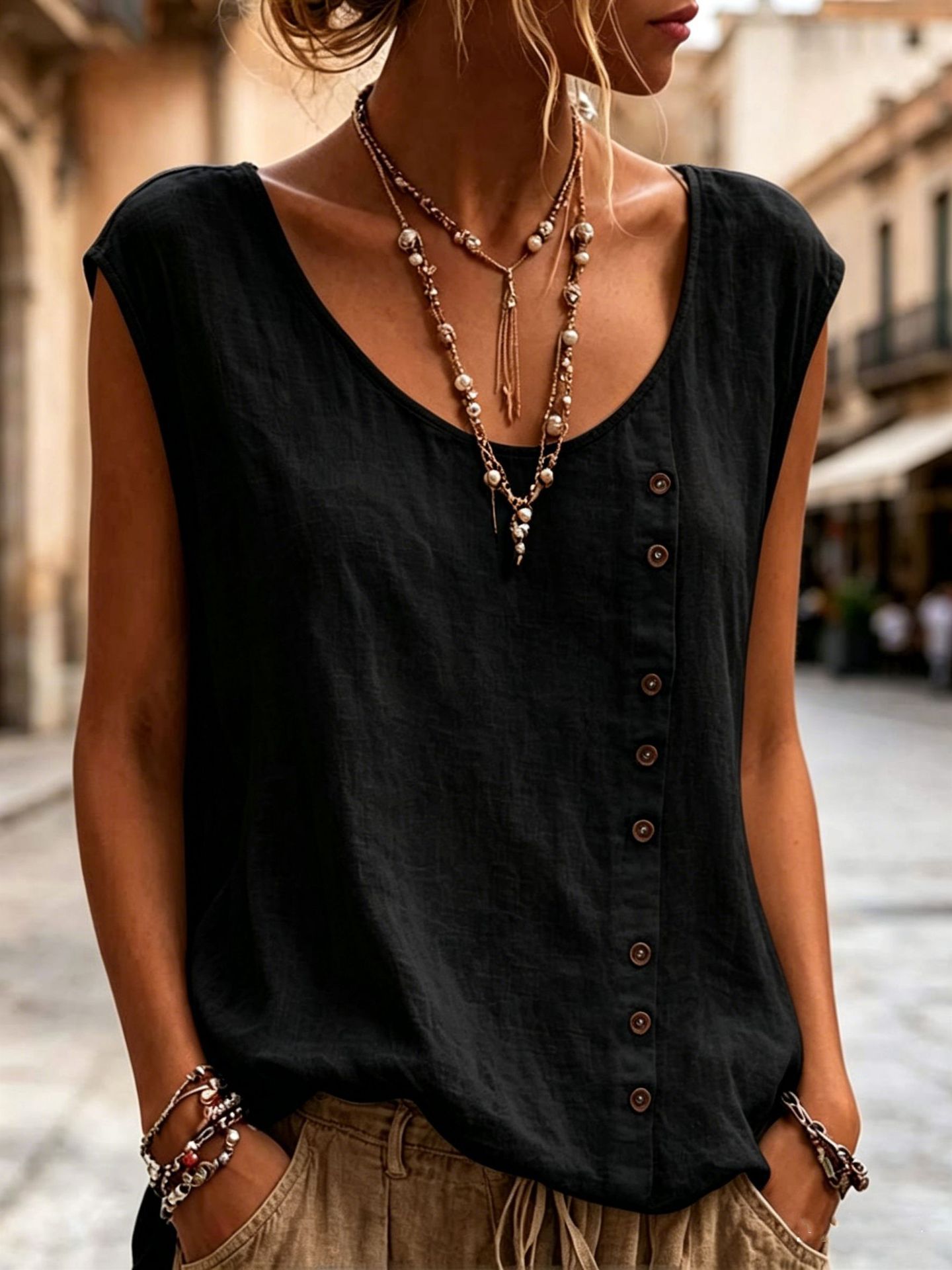 Sleeveless Single-Breasted Loose-Fit Vest Casual Top